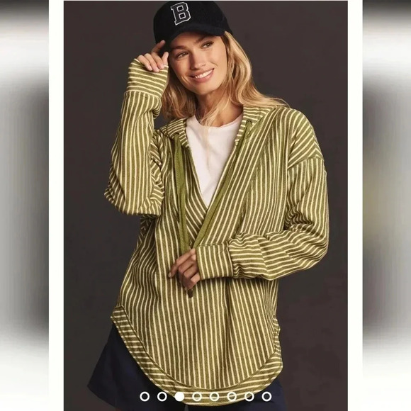 Anthropologie Pilcro Wharfside V Neck Hooded Sweatshirt Green White Stripe Small - Picture 9 of 16